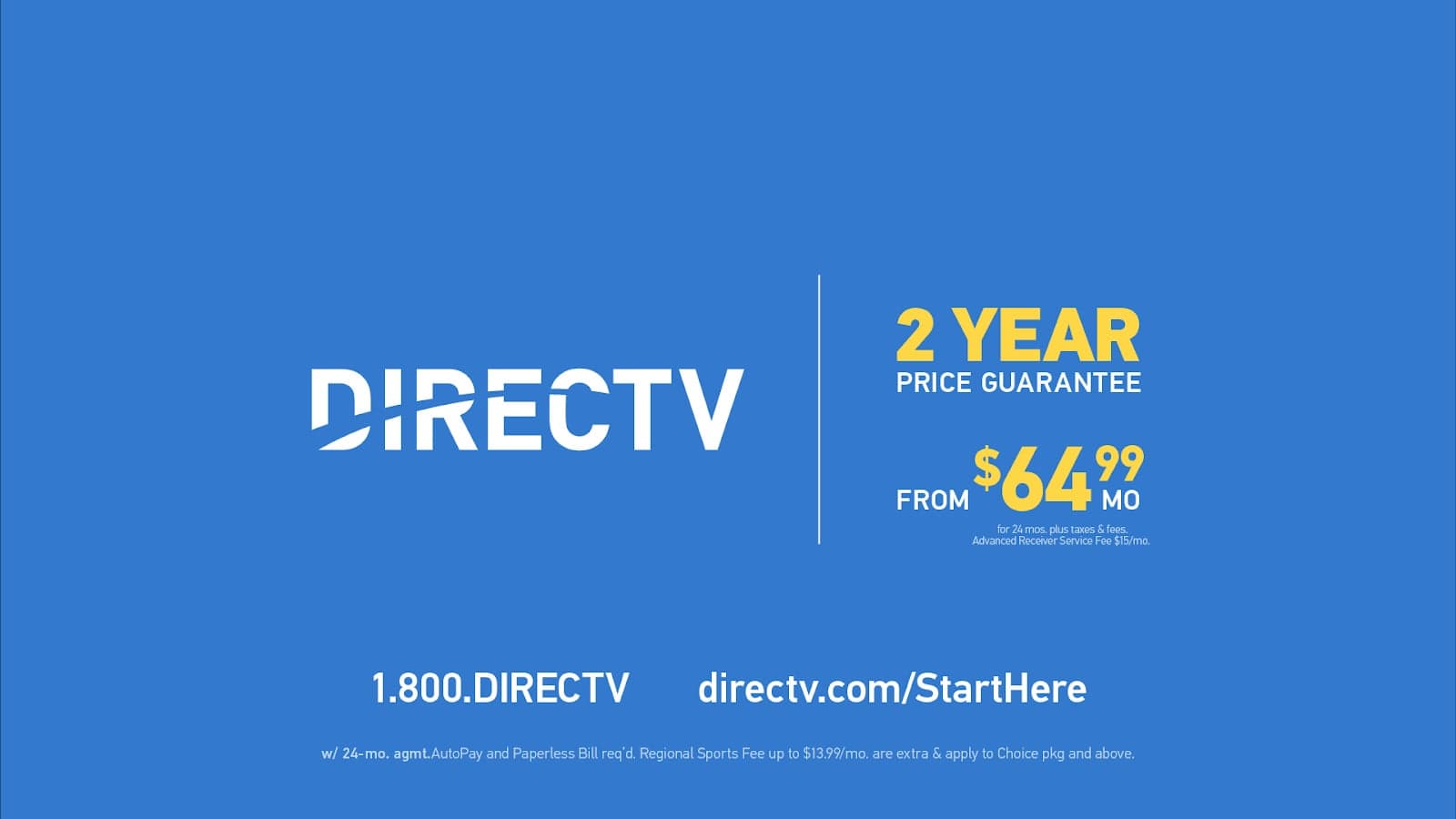 Stop compromising on the entertainment you love. Start watching for just $64.99/month with a 2 year price guarantee with DIRECTV.