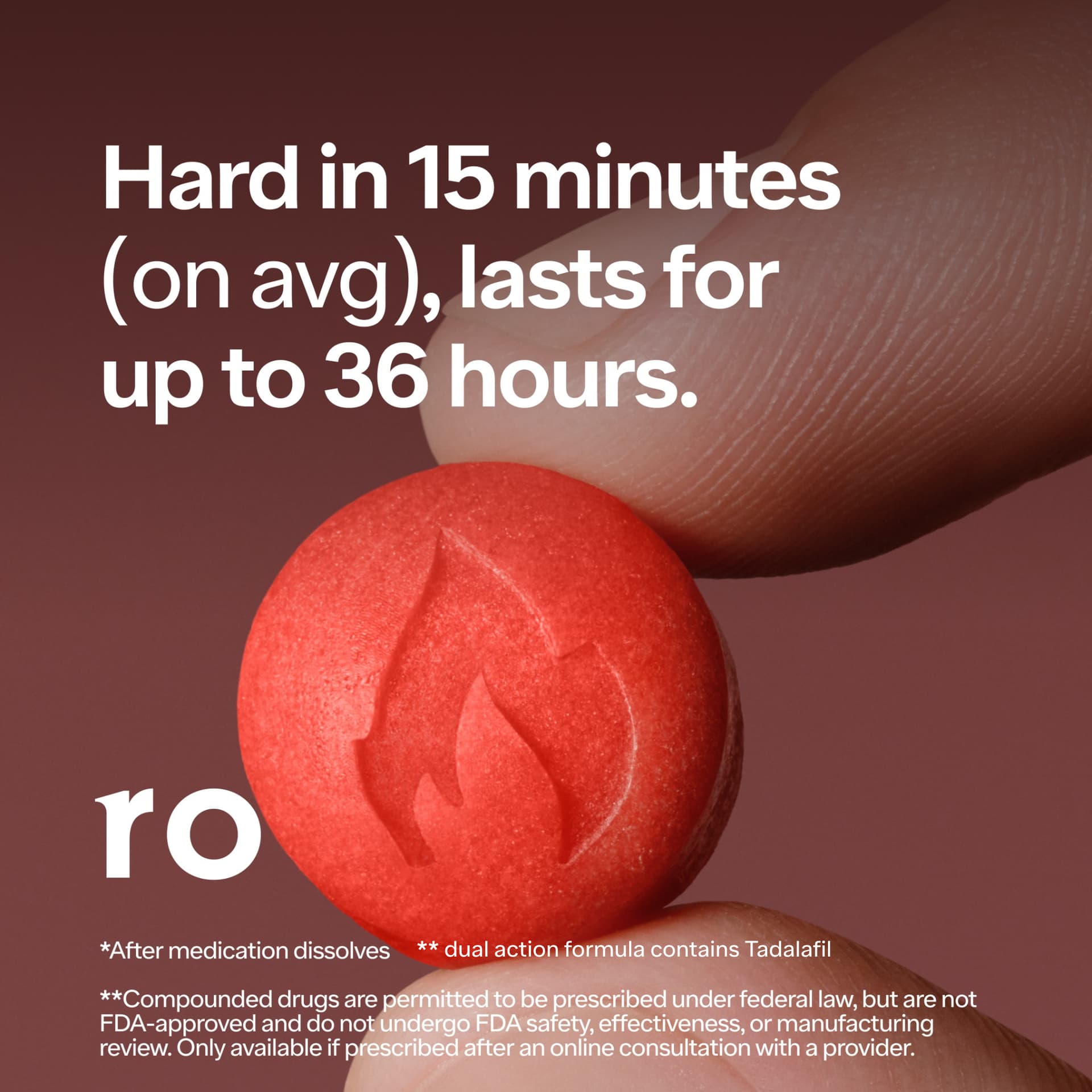 Want to get harder faster? Ro Sparks are a powerful, fast-acting 2-in-1 prescription ED treatment that works in 15 mins on avg after dissolving, and lasts up to 36 hrs!