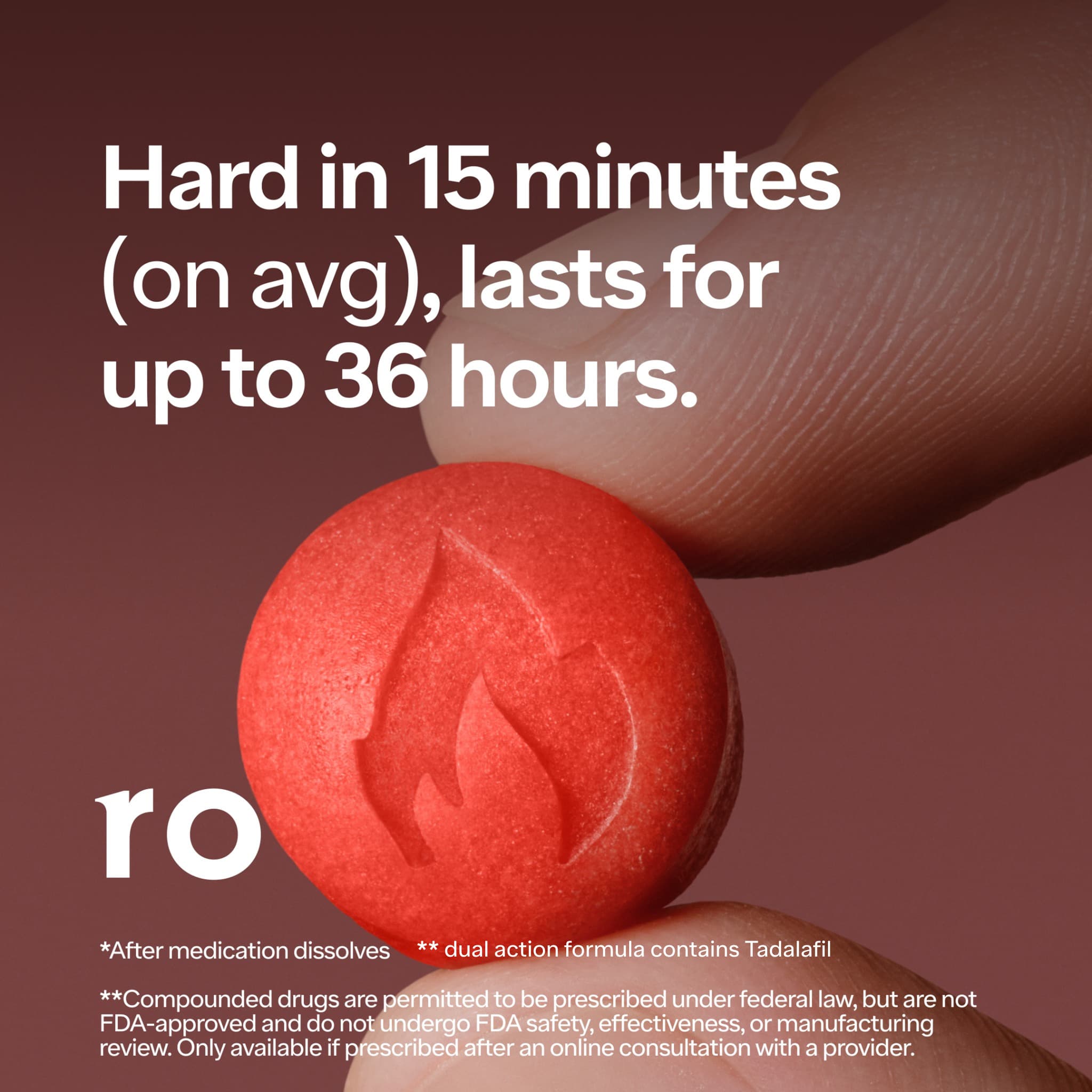 Want to get harder faster? Ro Sparks are a powerful, fast-acting 2-in-1 prescription ED treatment that works in 15 mins on avg after dissolving, and lasts up to 36 hrs!