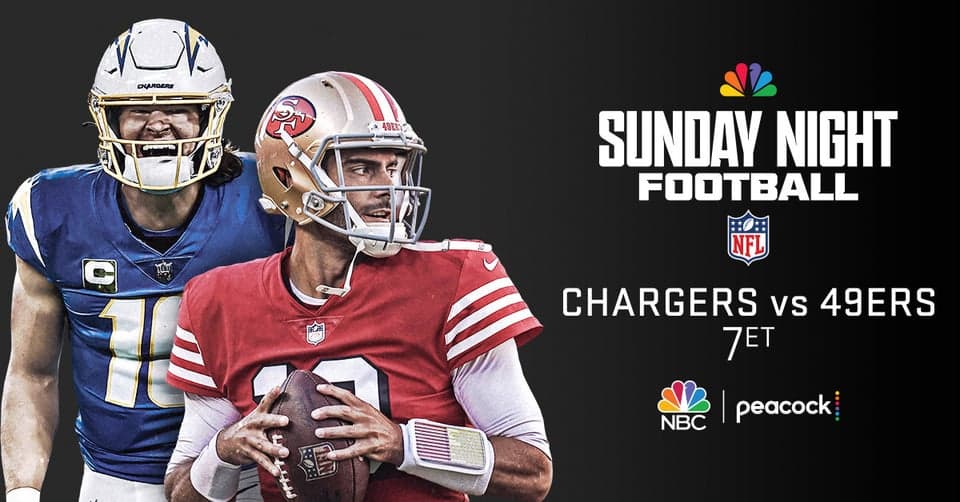 It’s Chargers vs. 49ers on Sunday Night Football, November 13 at 7p ET on Peacock and NBC.