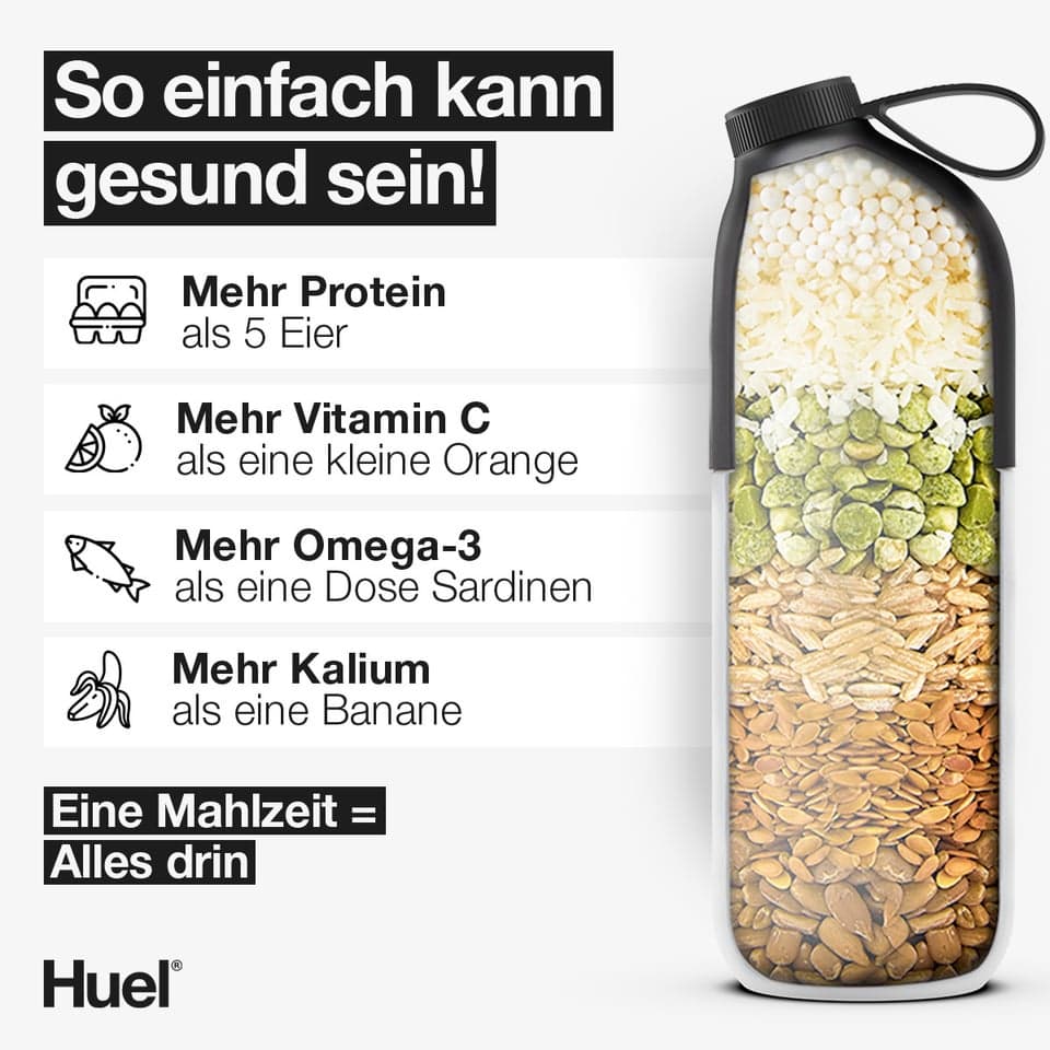 Mit Huel hast du deine Ernährung voll im Griff: 1 leckerer Shake = 1 gesunde Mahlzeit!